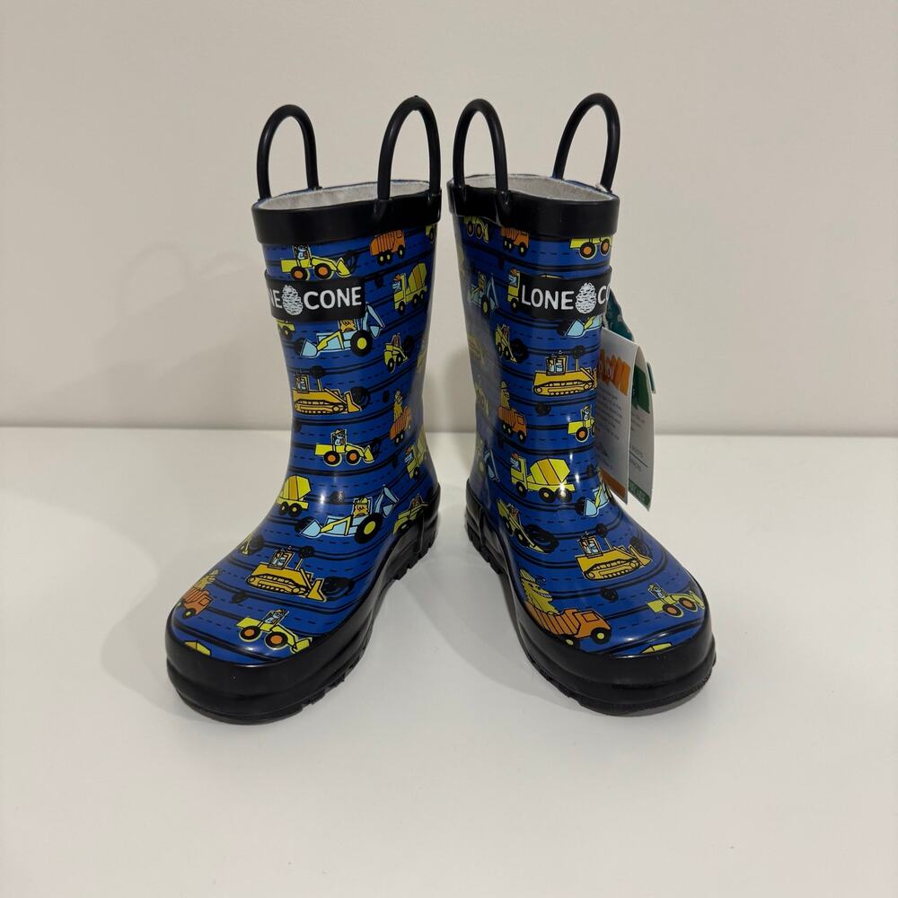 Lone Cone Construction Monster Toddler Boy Rain Boots Blue Pull On Handles Sz 10 - Picture 2 of 9